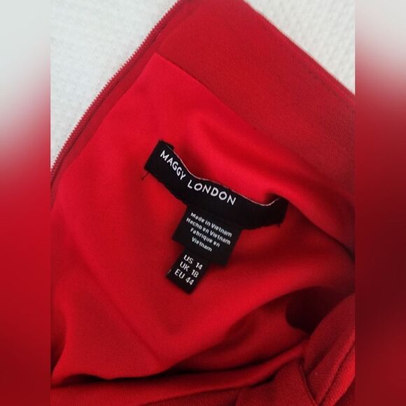 Maggy London Red Ruffled Mock Neck High Low Hem Cocktail Dress - Picture 7 of 10